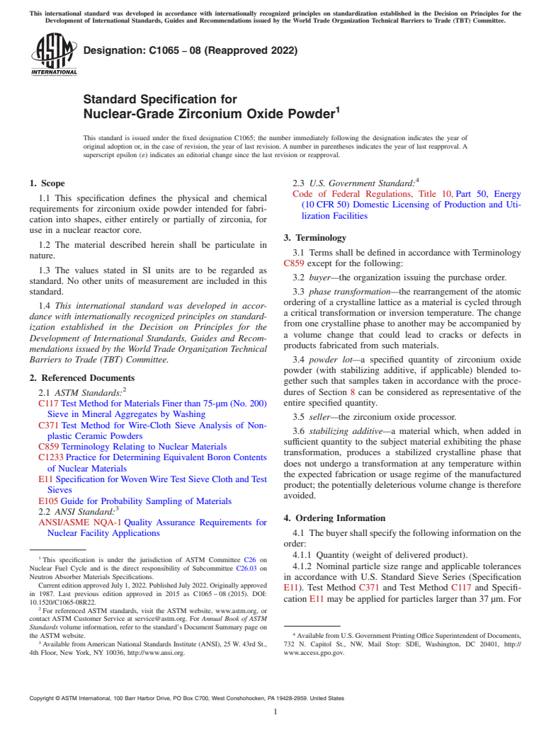 ASTM C1065-08(2022) - Standard Specification for  Nuclear-Grade Zirconium Oxide Powder