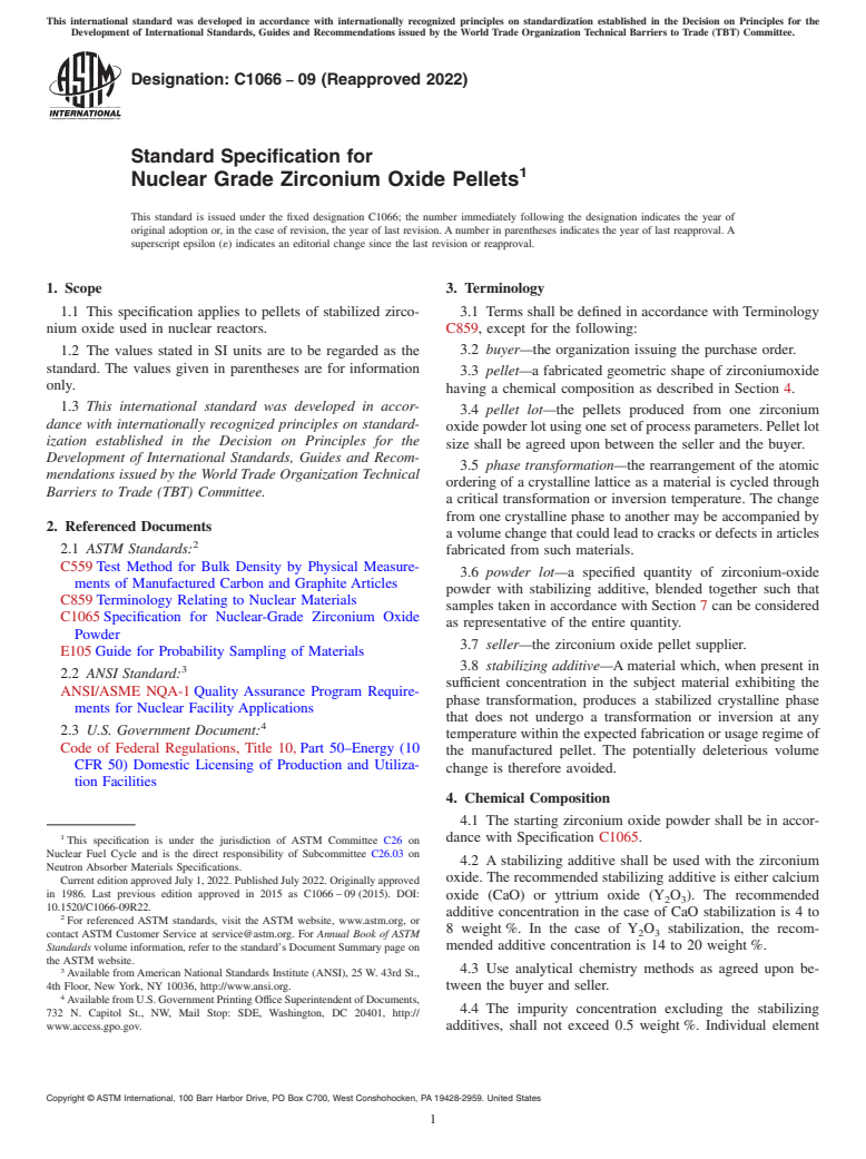 ASTM C1066-09(2022) - Standard Specification for  Nuclear Grade Zirconium Oxide Pellets