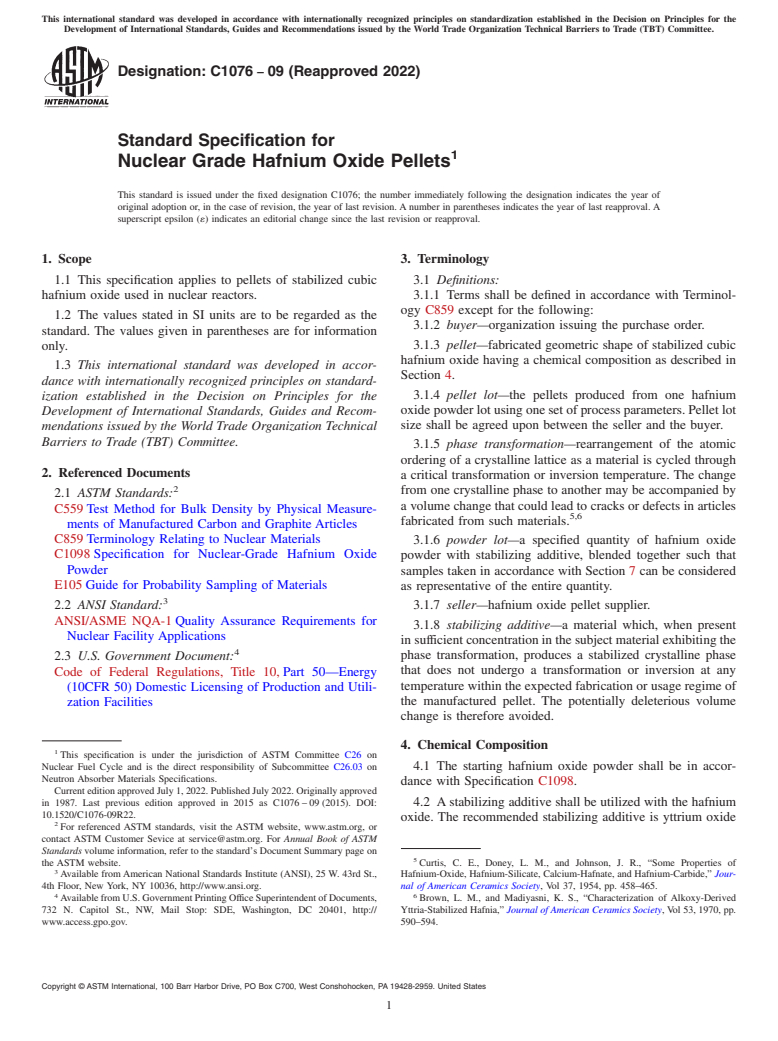 ASTM C1076-09(2022) - Standard Specification for  Nuclear Grade Hafnium Oxide Pellets