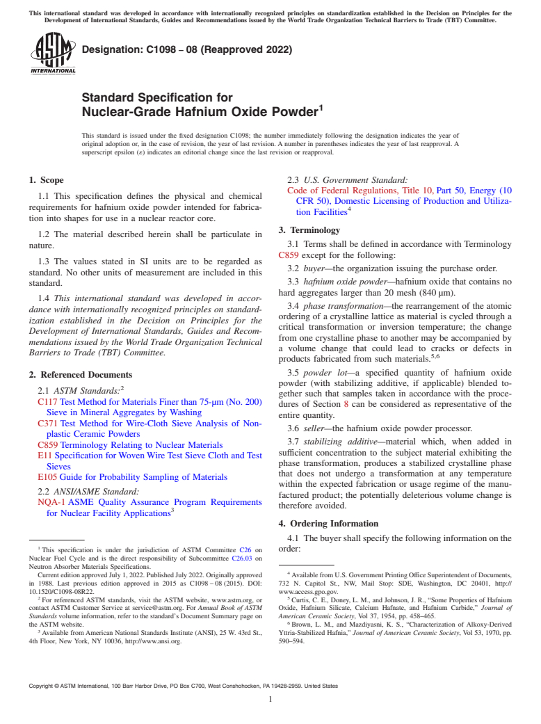 ASTM C1098-08(2022) - Standard Specification for  Nuclear-Grade Hafnium Oxide Powder