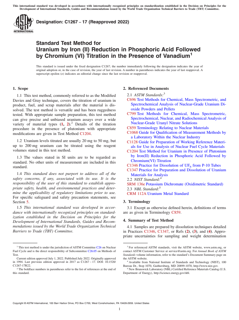 ASTM C1267-17(2022) - Standard Test Method for  Uranium by Iron (II) Reduction in Phosphoric Acid Followed  by Chromium (VI) Titration in the Presence of Vanadium