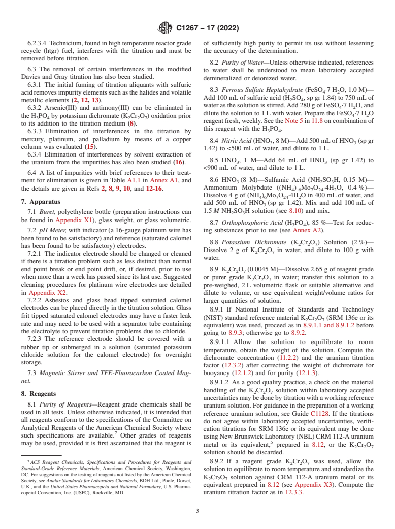 ASTM C1267-17(2022) - Standard Test Method for  Uranium by Iron (II) Reduction in Phosphoric Acid Followed  by Chromium (VI) Titration in the Presence of Vanadium