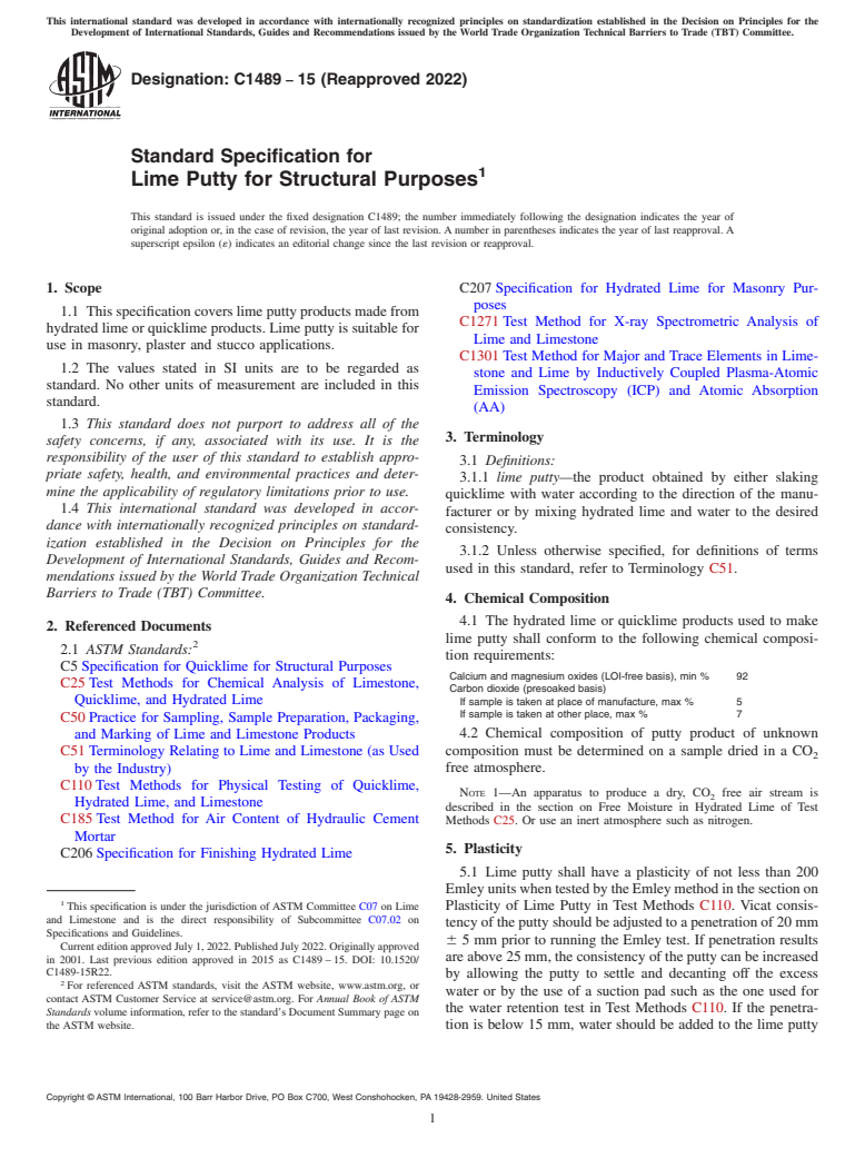 ASTM C1489-15(2022) - Standard Specification for  Lime Putty for Structural Purposes