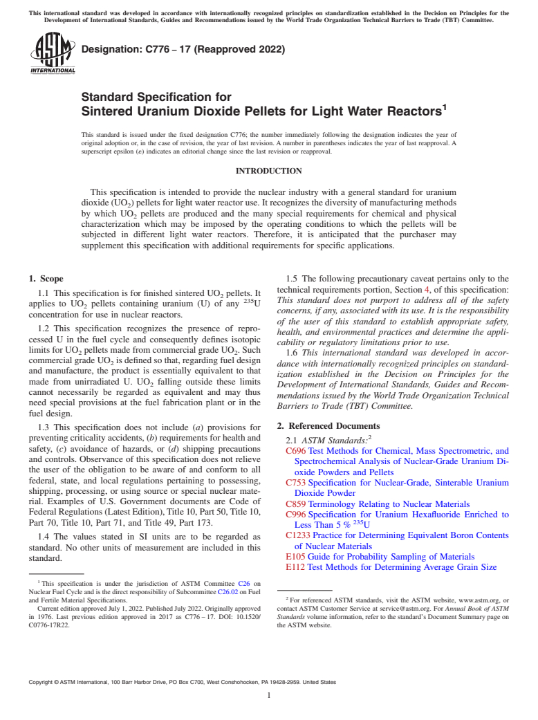 ASTM C776-17(2022) - Standard Specification for  Sintered Uranium Dioxide Pellets for Light Water Reactors