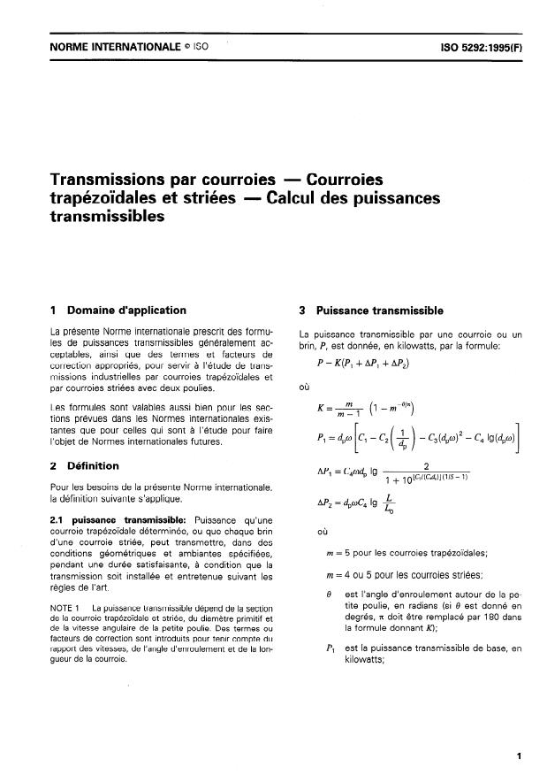 ISO 5292:1995 - Transmissions par courroies -- Courroies trapézoidales et striées -- Calcul des puissances transmissibles