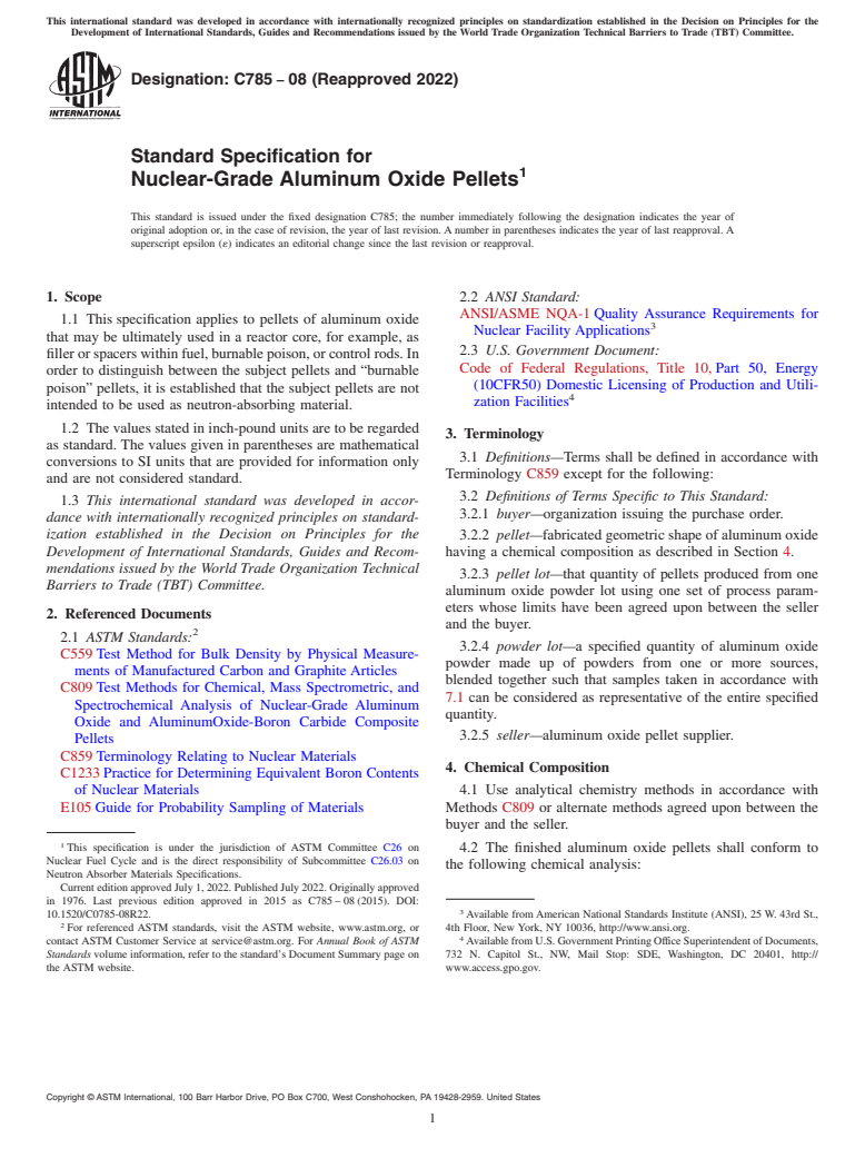 ASTM C785-08(2022) - Standard Specification for  Nuclear-Grade Aluminum Oxide Pellets