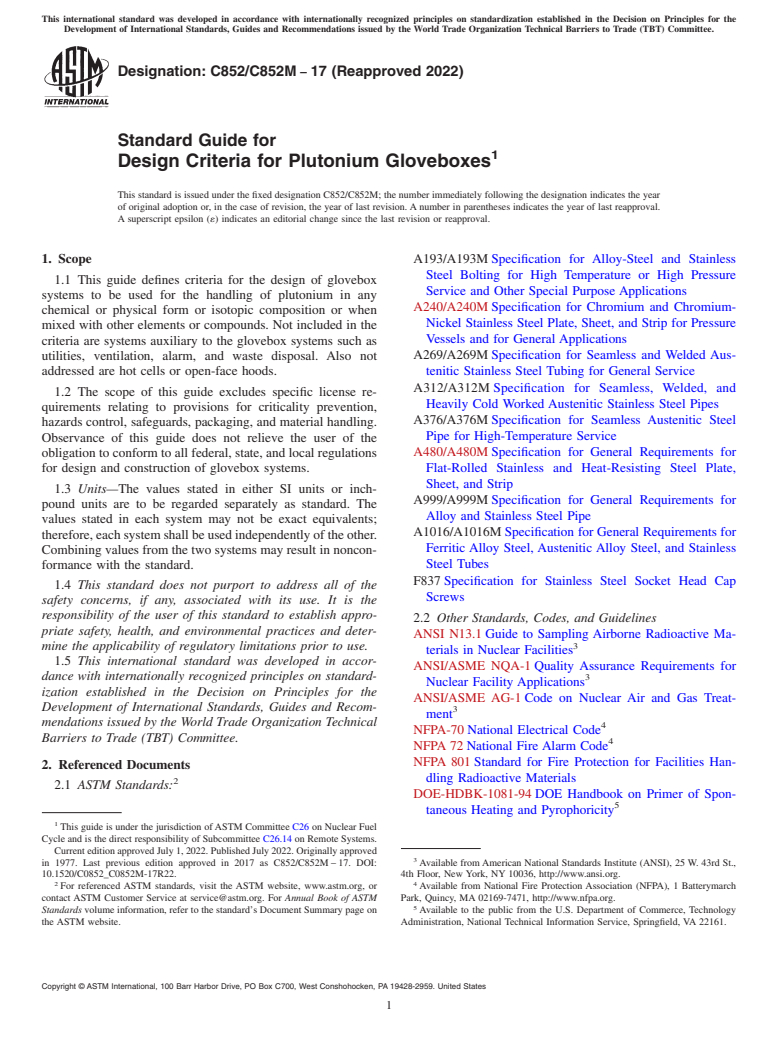 ASTM C852/C852M-17(2022) - Standard Guide for  Design Criteria for Plutonium Gloveboxes