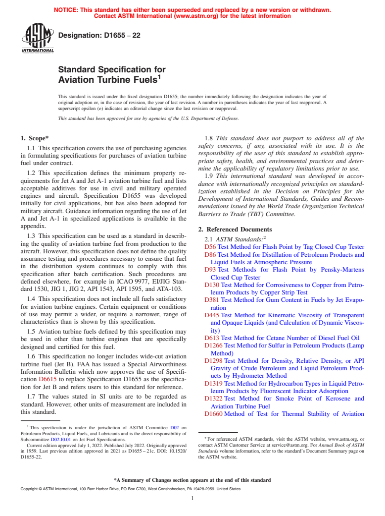 ASTM D1655-22 - Standard Specification for Aviation Turbine Fuels