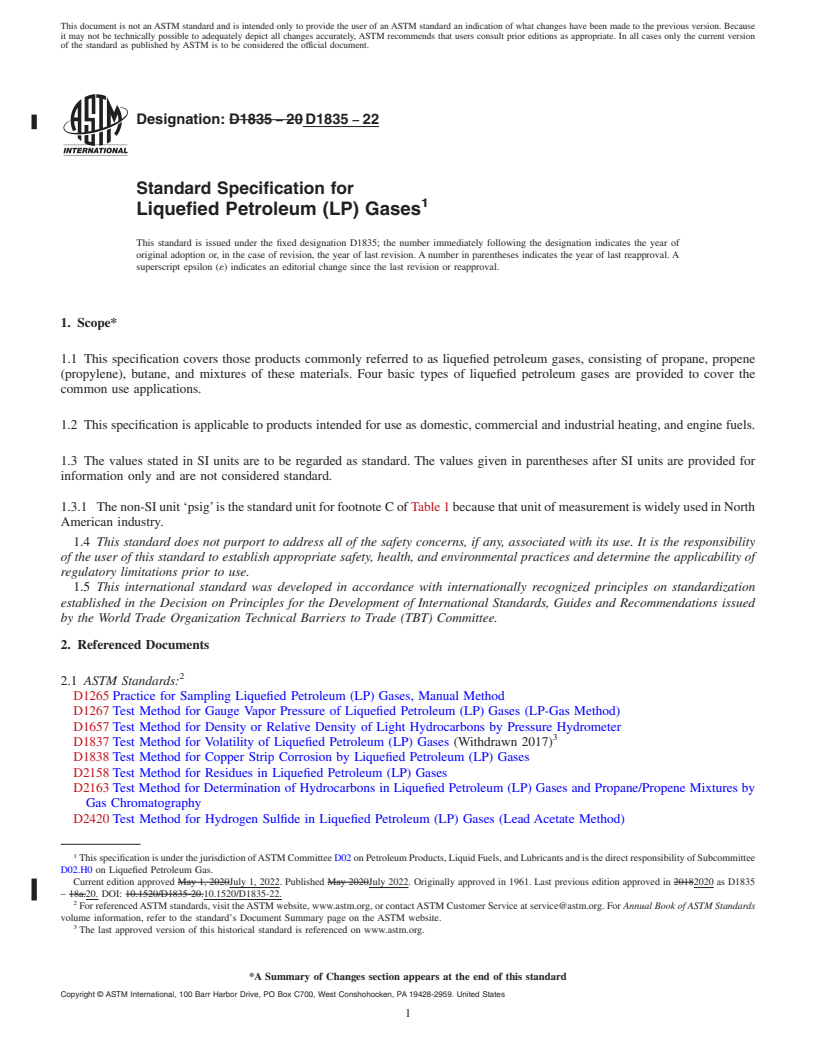 REDLINE ASTM D1835-22 - Standard Specification for Liquefied Petroleum (LP) Gases