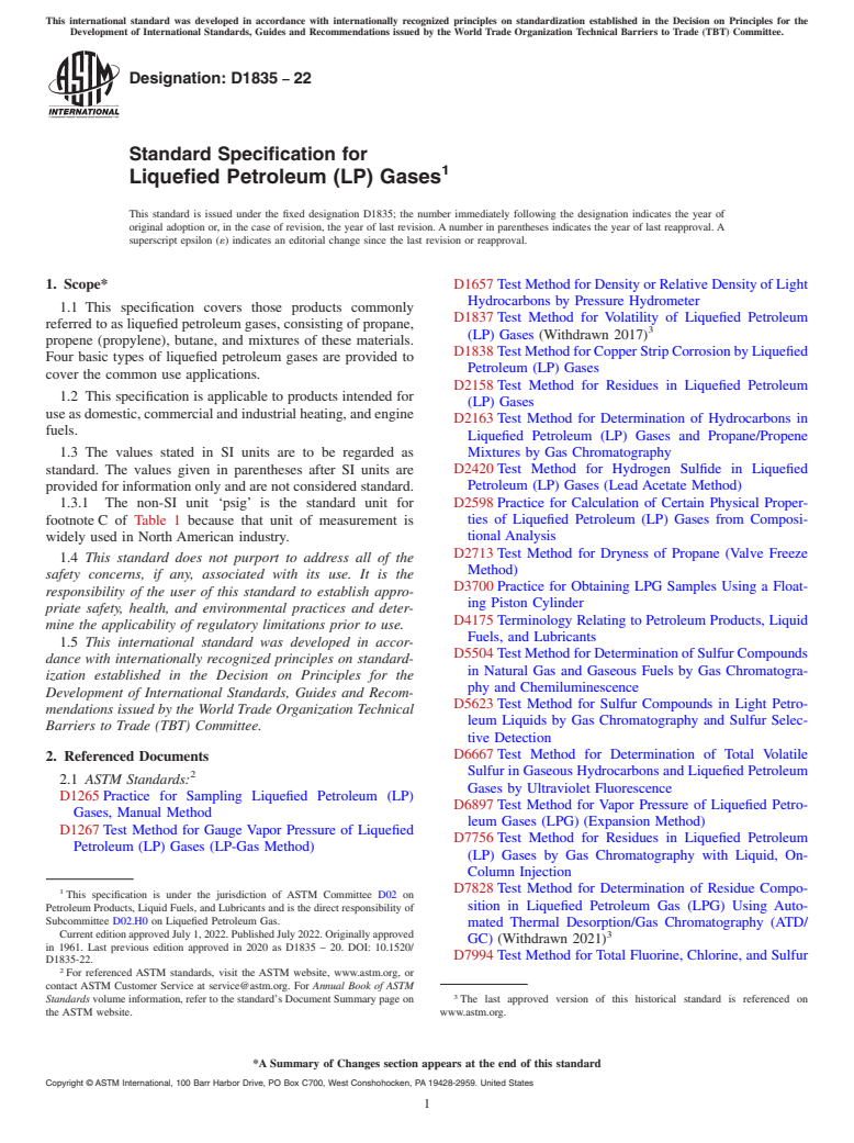 ASTM D1835-22 - Standard Specification for Liquefied Petroleum (LP) Gases
