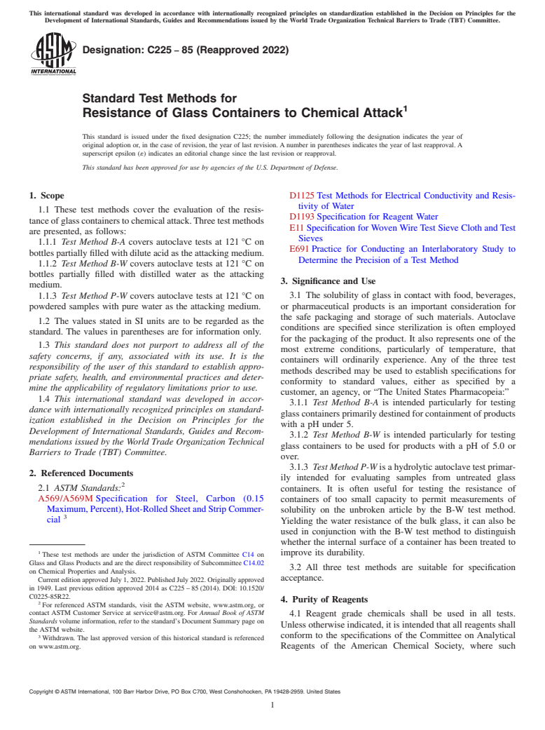 ASTM C225-85(2022) - Standard Test Methods for  Resistance of Glass Containers to Chemical Attack