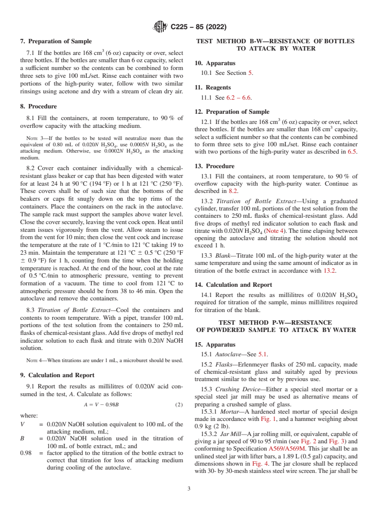 ASTM C225-85(2022) - Standard Test Methods for  Resistance of Glass Containers to Chemical Attack