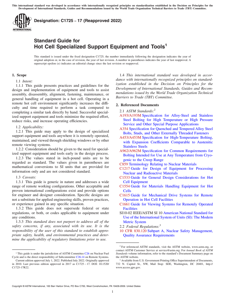 ASTM C1725-17(2022) - Standard Guide for  Hot Cell Specialized Support Equipment and Tools