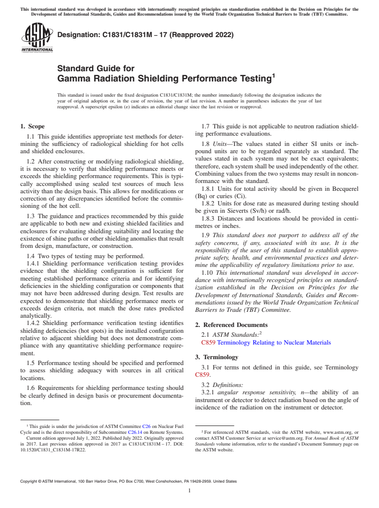ASTM C1831/C1831M-17(2022) - Standard Guide for Gamma Radiation Shielding Performance Testing