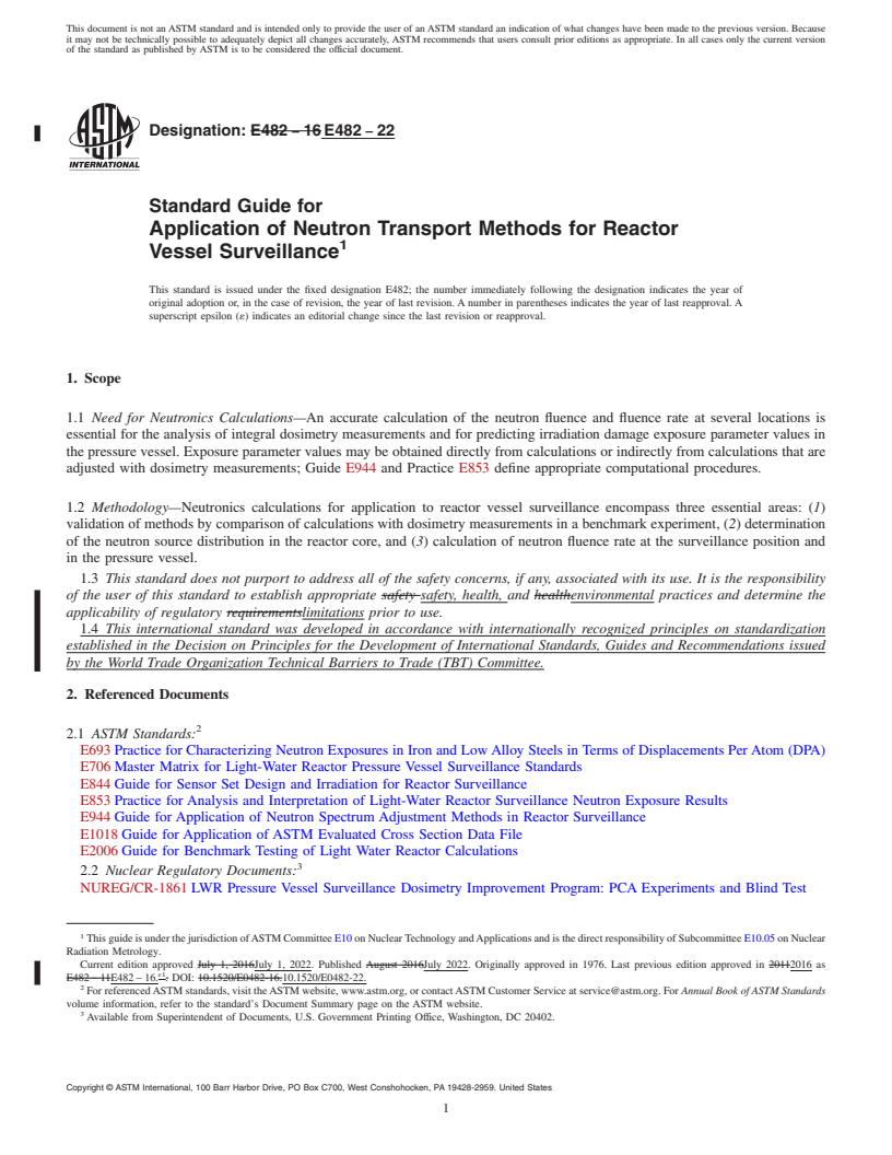 REDLINE ASTM E482-22 - Standard Guide for  Application of Neutron Transport Methods for Reactor Vessel  Surveillance