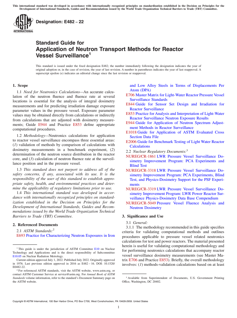 ASTM E482-22 - Standard Guide for  Application of Neutron Transport Methods for Reactor Vessel  Surveillance