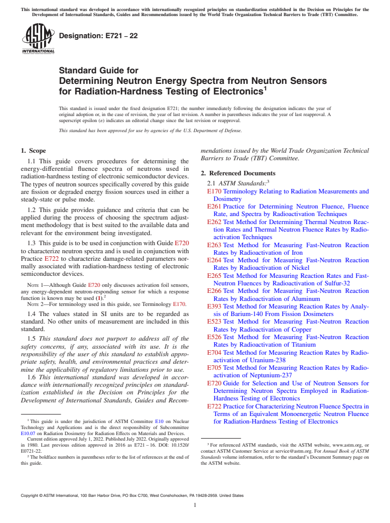 ASTM E721-22 - Standard Guide for  Determining Neutron Energy Spectra from Neutron Sensors for  Radiation-Hardness Testing of Electronics