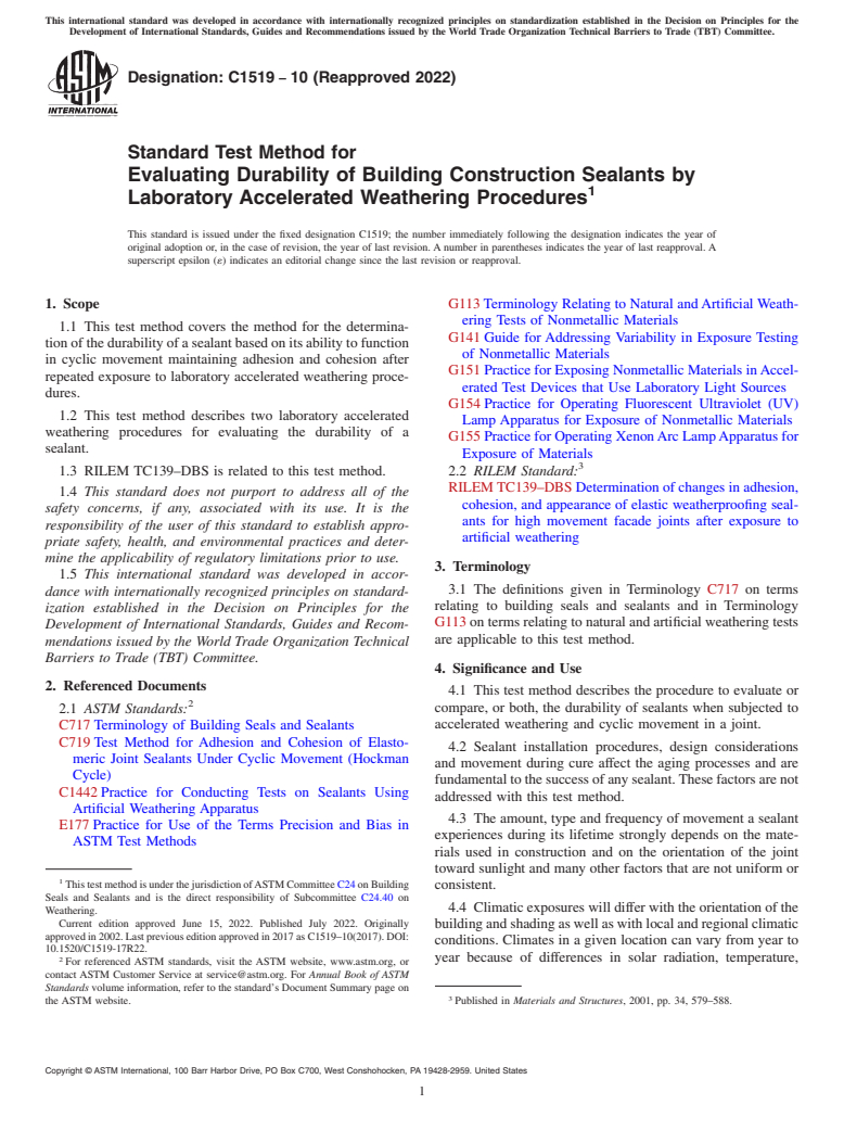 ASTM C1519-10(2022) - Standard Test Method for  Evaluating Durability of Building Construction Sealants by   Laboratory Accelerated Weathering Procedures