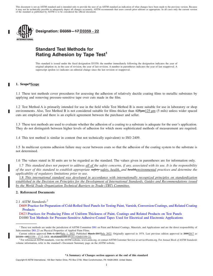 REDLINE ASTM D3359-22 - Standard Test Methods for Rating Adhesion by Tape Test