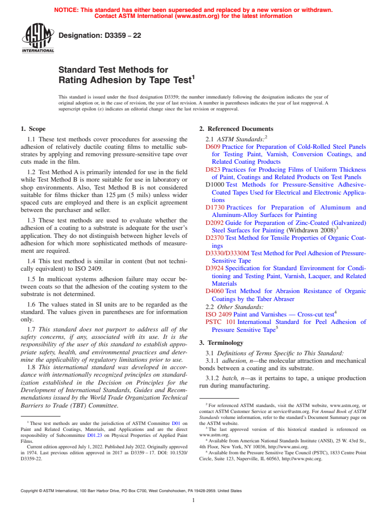 ASTM D3359-22 - Standard Test Methods for Rating Adhesion by Tape Test