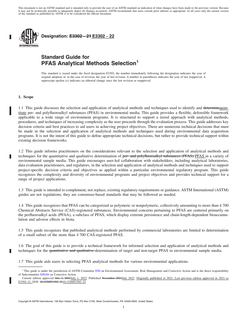 REDLINE ASTM E3302-22 - Standard Guide for PFAS Analytical Methods Selection