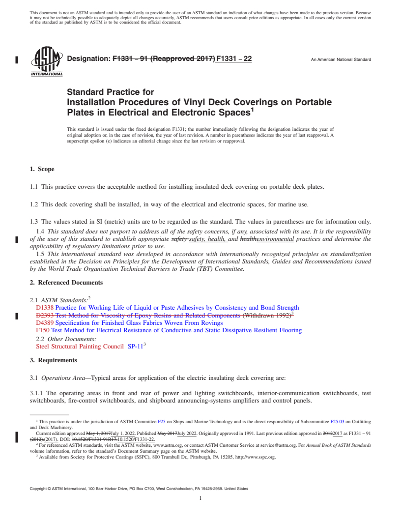 REDLINE ASTM F1331-22 - Standard Practice for  Installation Procedures of Vinyl Deck Coverings on Portable   Plates in Electrical and Electronic Spaces