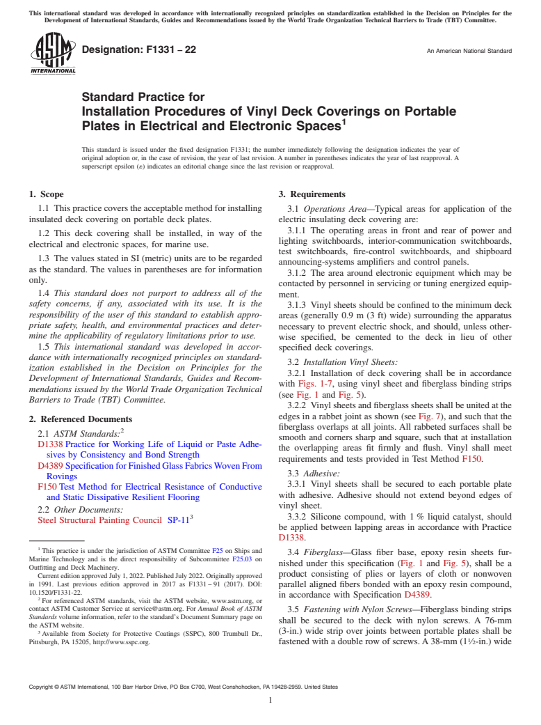 ASTM F1331-22 - Standard Practice for  Installation Procedures of Vinyl Deck Coverings on Portable   Plates in Electrical and Electronic Spaces