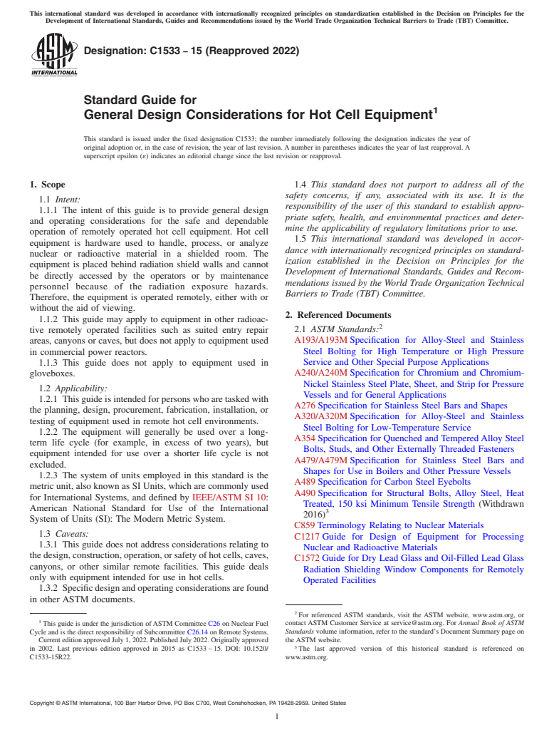 ASTM C1533-15(2022) - Standard Guide for  General Design Considerations for Hot Cell Equipment