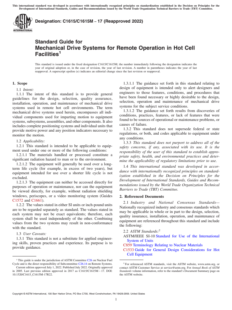 ASTM C1615/C1615M-17(2022) - Standard Guide for  Mechanical Drive Systems for Remote Operation in Hot Cell Facilities