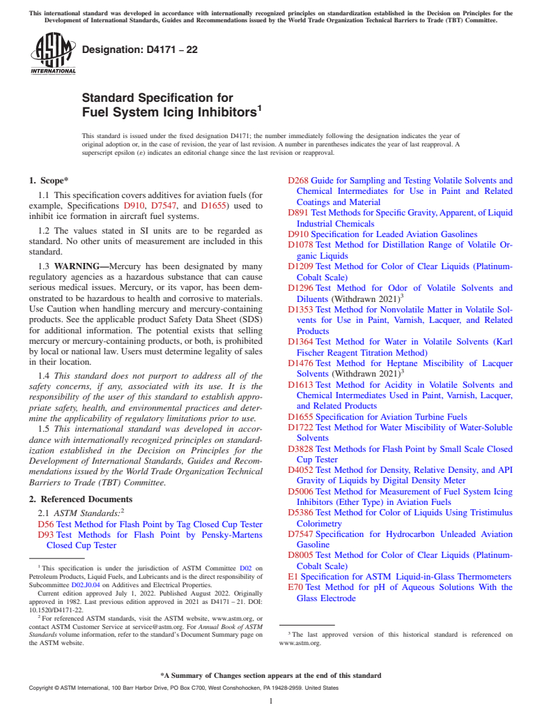 ASTM D4171-22 - Standard Specification for  Fuel System Icing Inhibitors