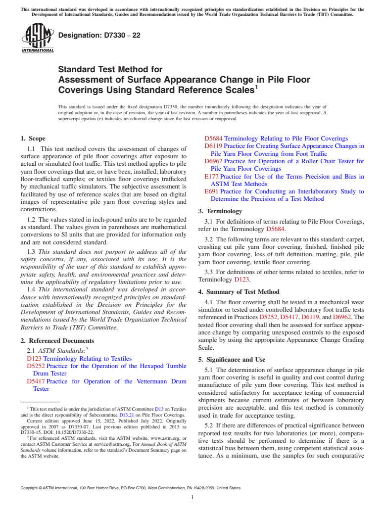 ASTM D7330-22 - Standard Test Method for  Assessment of Surface Appearance Change in Pile Floor Coverings  Using Standard Reference Scales