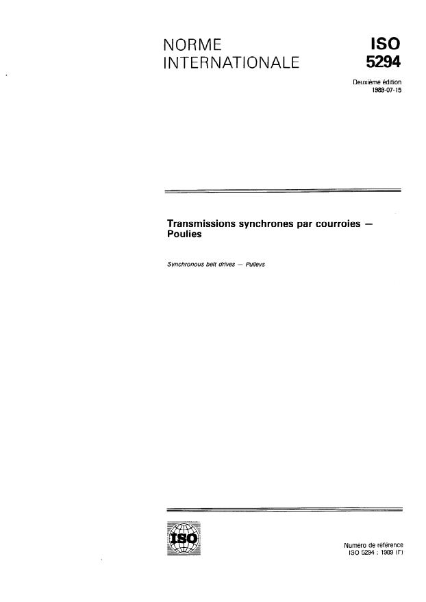 ISO 5294:1989 - Transmissions synchrones par courroies -- Poulies