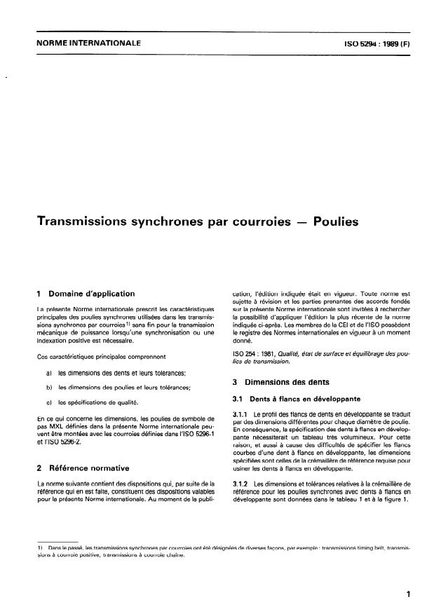 ISO 5294:1989 - Transmissions synchrones par courroies -- Poulies