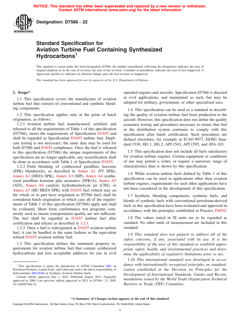 ASTM D7566-22 - Standard Specification for Aviation Turbine Fuel Containing Synthesized Hydrocarbons