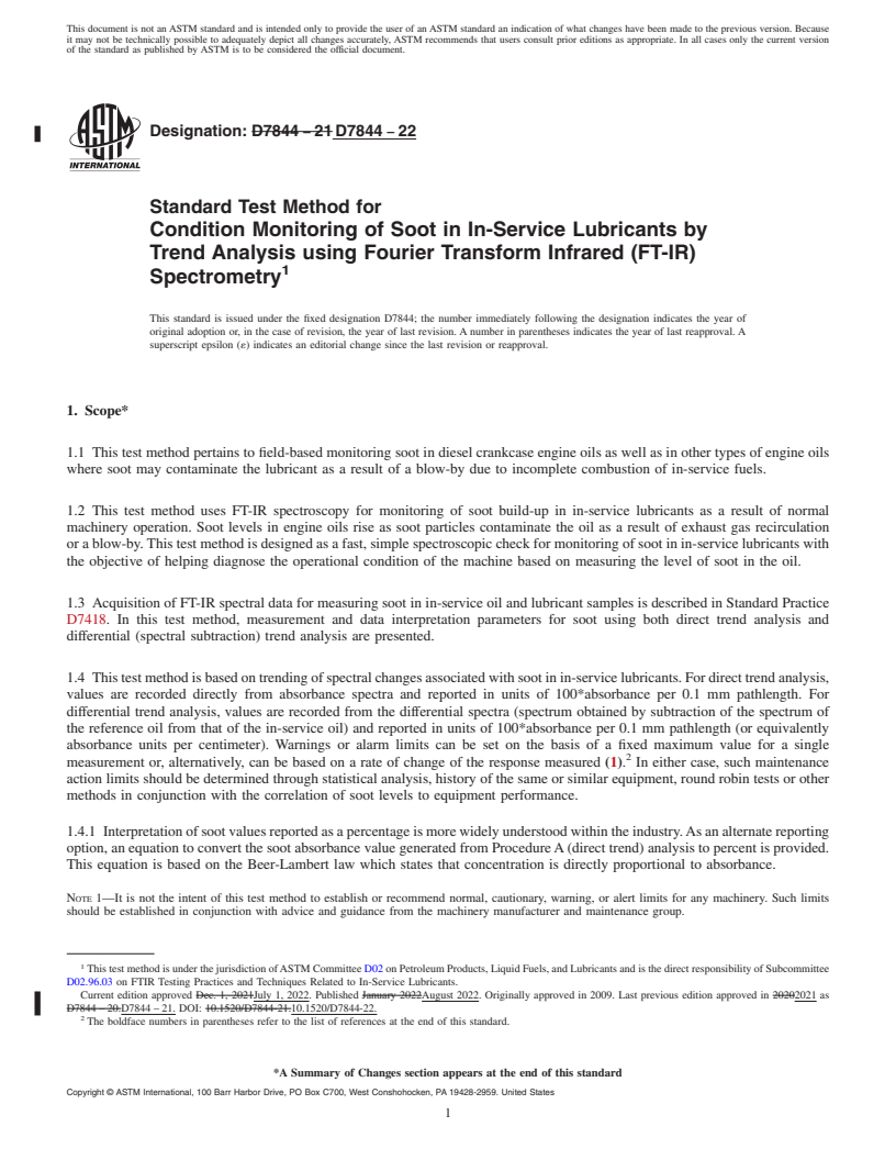 REDLINE ASTM D7844-22 - Standard Test Method for Condition Monitoring of Soot in In-Service Lubricants by Trend  Analysis using Fourier Transform Infrared (FT-IR) Spectrometry