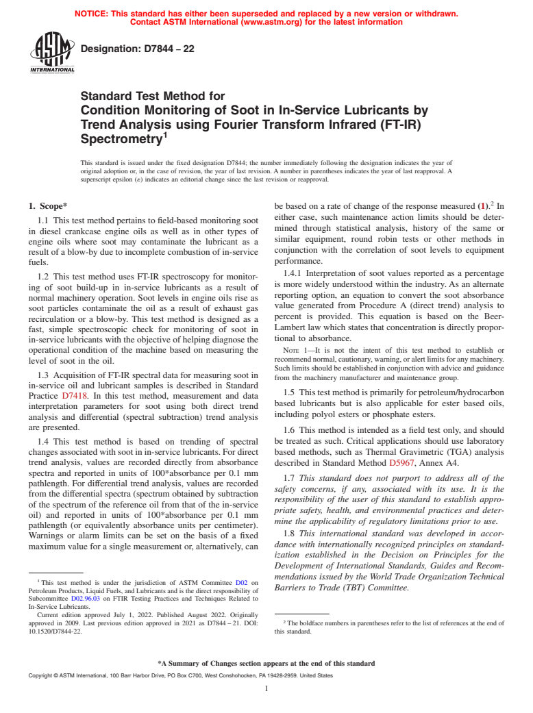 ASTM D7844-22 - Standard Test Method for Condition Monitoring of Soot in In-Service Lubricants by Trend  Analysis using Fourier Transform Infrared (FT-IR) Spectrometry