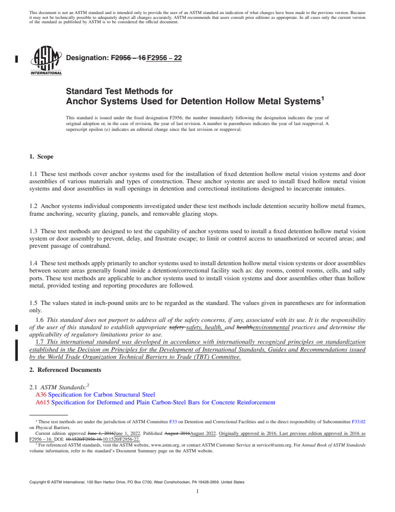 REDLINE ASTM F2956-22 - Standard Test Methods for Anchor Systems Used for Detention Hollow Metal Systems