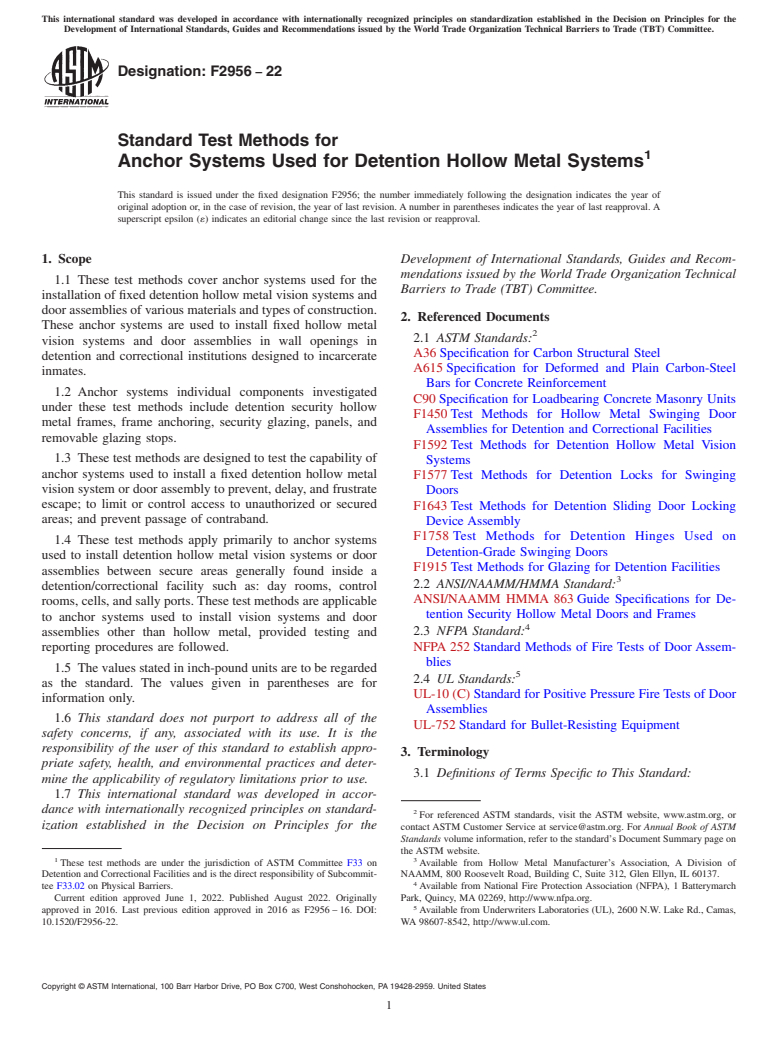 ASTM F2956-22 - Standard Test Methods for Anchor Systems Used for Detention Hollow Metal Systems