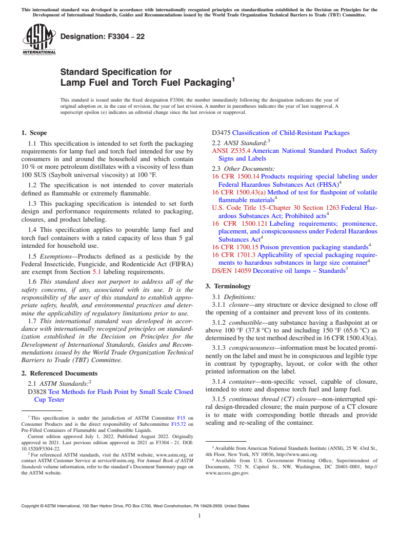 ASTM F3304-22 - Standard Specification for Lamp Fuel and Torch Fuel Packaging