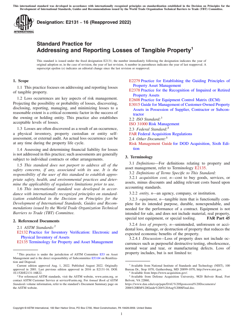 ASTM E2131-16(2022) - Standard Practice for Addressing and Reporting Losses of Tangible Property