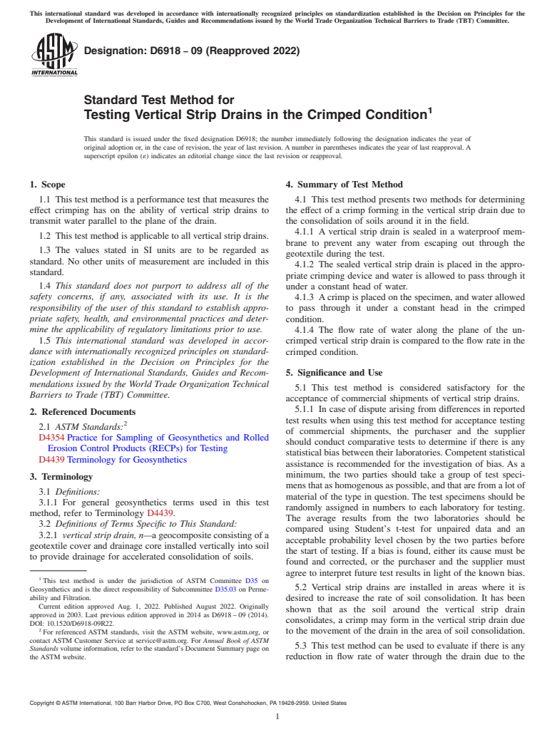 ASTM D6918-09(2022) - Standard Test Method for  Testing Vertical Strip Drains in the Crimped Condition