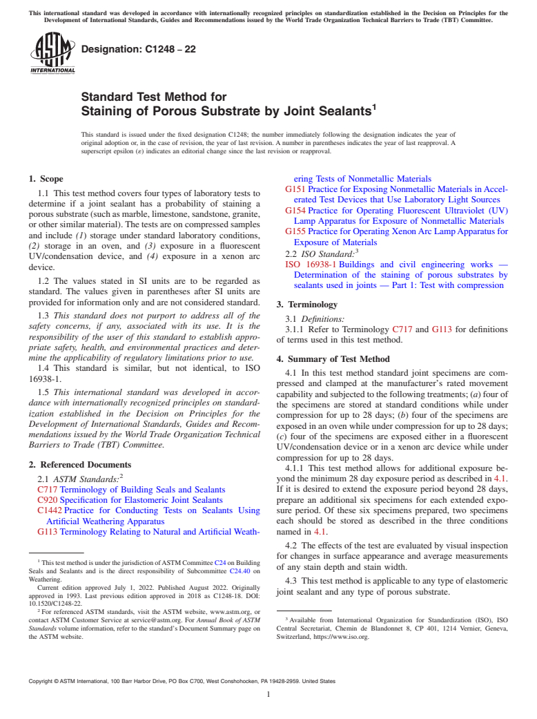 ASTM C1248-22 - Standard Test Method for  Staining of Porous Substrate by Joint Sealants