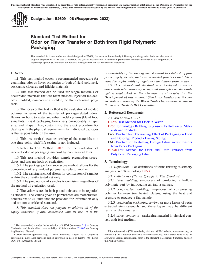 ASTM E2609-08(2022) - Standard Test Method for  Odor or Flavor Transfer or Both from Rigid Polymeric Packaging