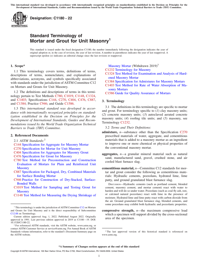 ASTM C1180-22 - Standard Terminology of Mortar and Grout for Unit Masonry
