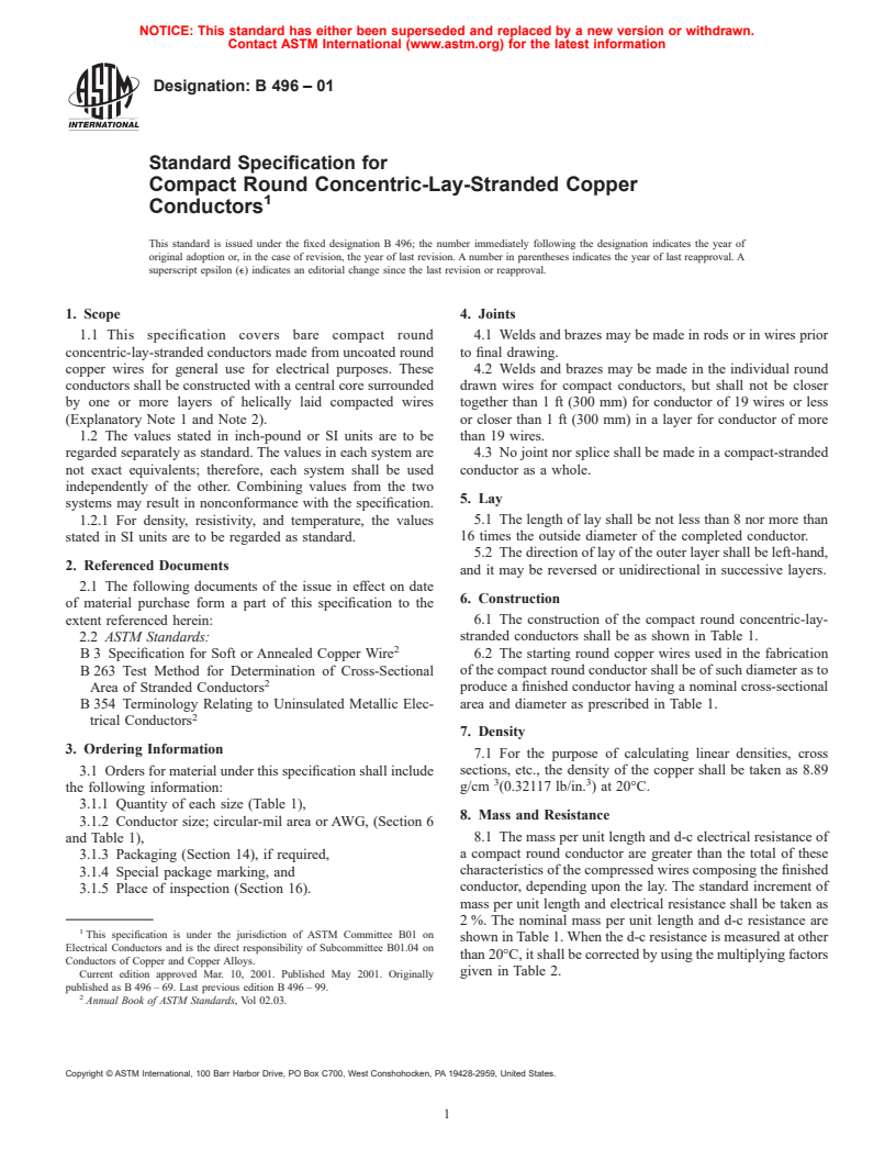 ASTM B496-01 - Standard Specification for Compact Round Concentric-Lay-Stranded Copper Conductors