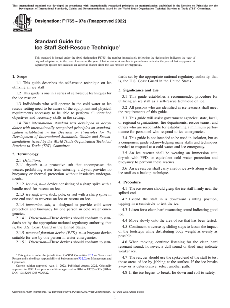 ASTM F1765-97a(2022) - Standard Guide for  Ice Staff Self-Rescue Technique