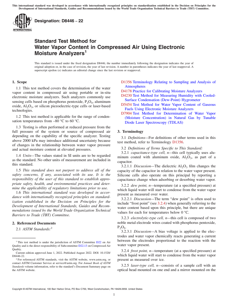ASTM D8446-22 - Standard Test Method for Water Vapor Content in Compressed Air Using Electronic Moisture  Analyzers