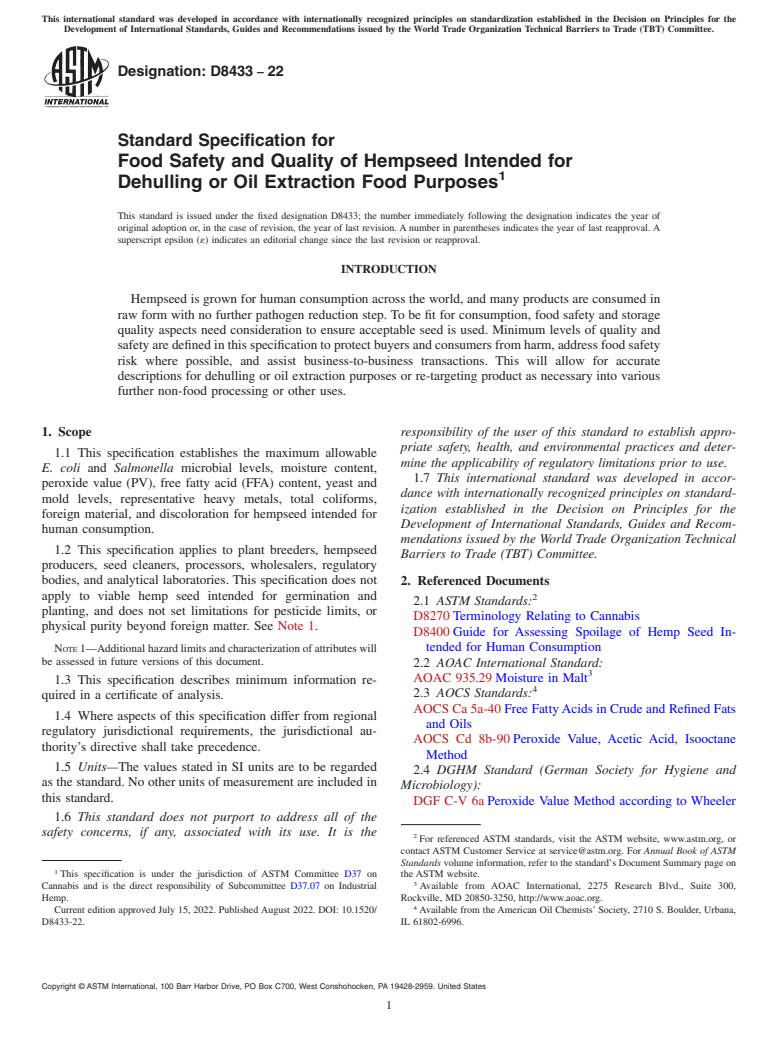 ASTM D8433-22 - Standard Specification for Food Safety and Quality of Hempseed Intended for Dehulling  or Oil Extraction Food Purposes