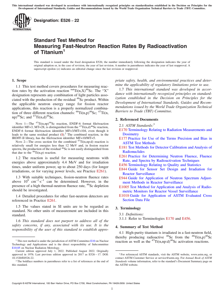 ASTM E526-22 - Standard Test Method for Measuring Fast-Neutron Reaction Rates By Radioactivation of  Titanium