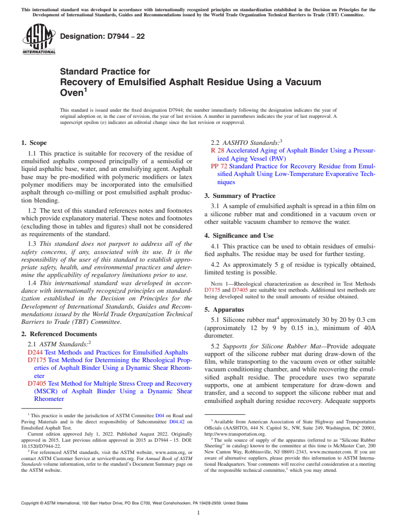 ASTM D7944-22 - Standard Practice for Recovery of Emulsified Asphalt Residue Using a Vacuum Oven